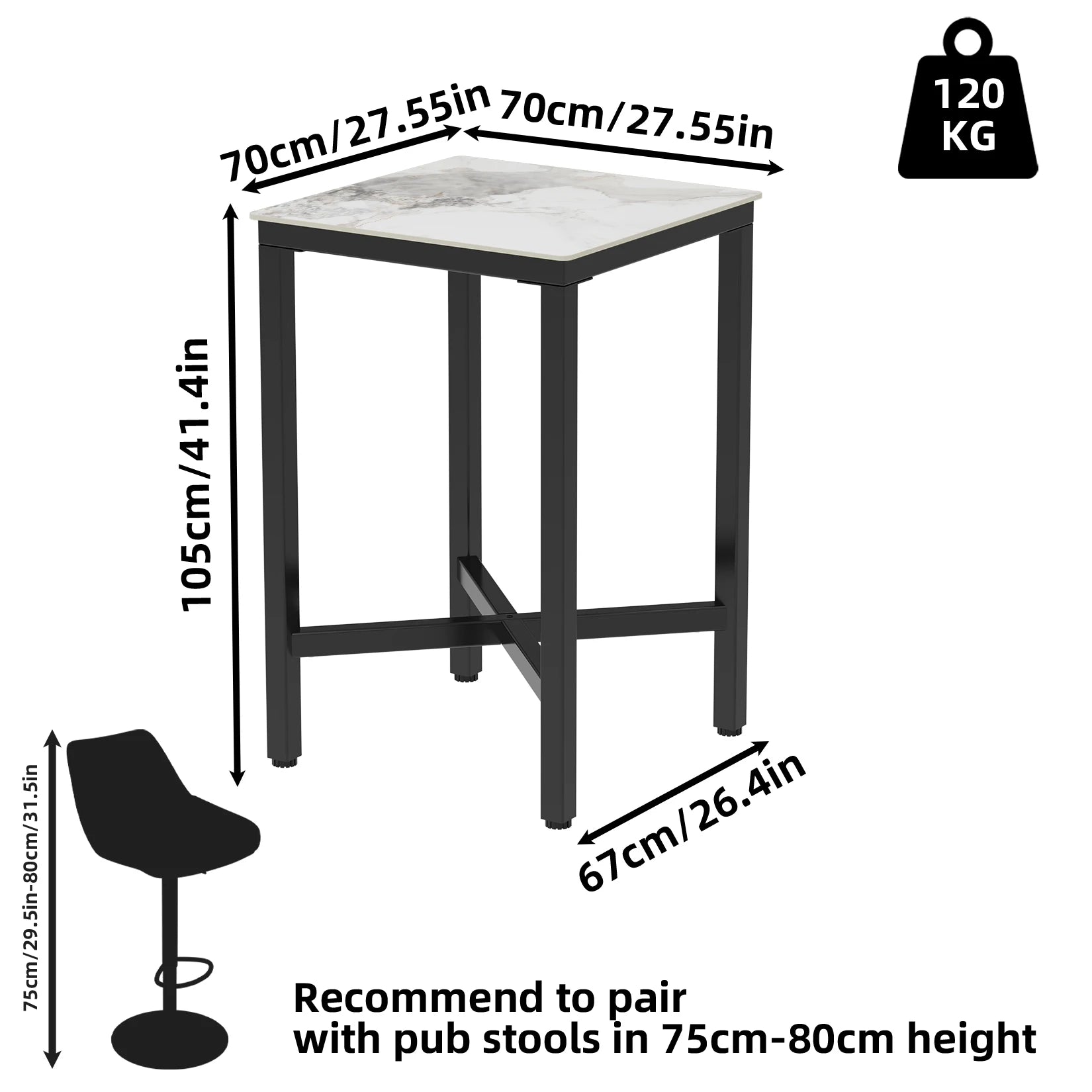Hoge Bartafel – Bartafel – Barmeubel – Cocktailtafel – Bistrotafel – Glanzend Jaded-Wit Marmeren Blad – Zwart Metalen X-Frame – Compact 70x70x105 cm – Vlek- en Hittebestendig - QUORE