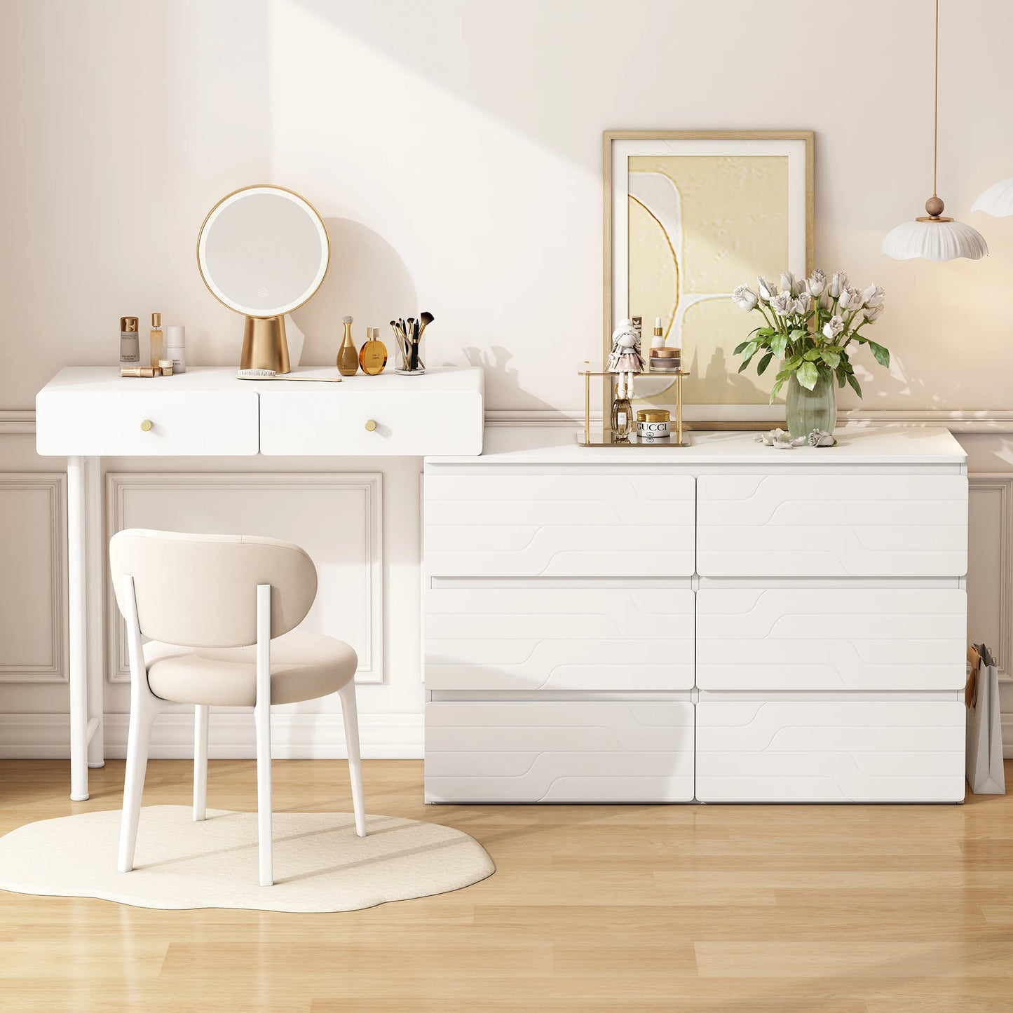 Kaptafel (Zonder Stoel en Spiegel) - Wit - Inclusief Uittrekbare Ladekast - Opbergkast 1804085cm - Drie Niveaus - Zes Lades - QUORE