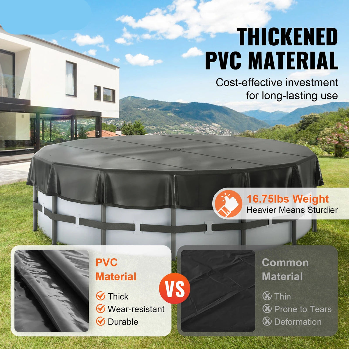 Swimming pool cover - Swimming pool - Round swimming pool cover - Sun cover - for above ground pools - with rope design PVC Black - 15ft Oxford cloth