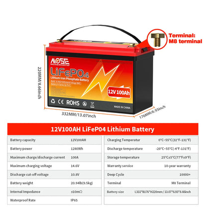 12V LiFePO4 Accu – Lithium Batterij – Deep Cycle Accu – Solar Accu – Bootaccu – 100Ah Bluetooth – Ingebouwde BMS – Lange Levensduur