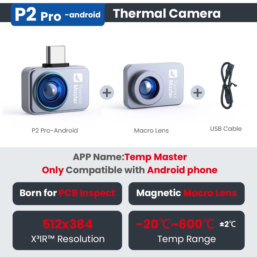 Temp Master Temperatuur Scanner – Warmtebeeldcamera – Thermometer – IR Scanner – Infrarood Thermometer – Voor Android Telefoon – Meetbereik -20°C tot 600°C – 256x192 Thermische Resolutie - QUORE