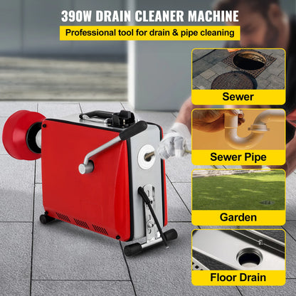 Elektrische Afvoerreiniger - Ontstoppingsveer - Rioolreinigersveer - Afvoerontstopper - 390W -Professionele Elektrische Ontstoppingsmachine voor Toilet en Afvoerbuizen - Pijpreiniger - Rioolontstopper - Buizenreiniger voor Huishoudelijk Gebruik