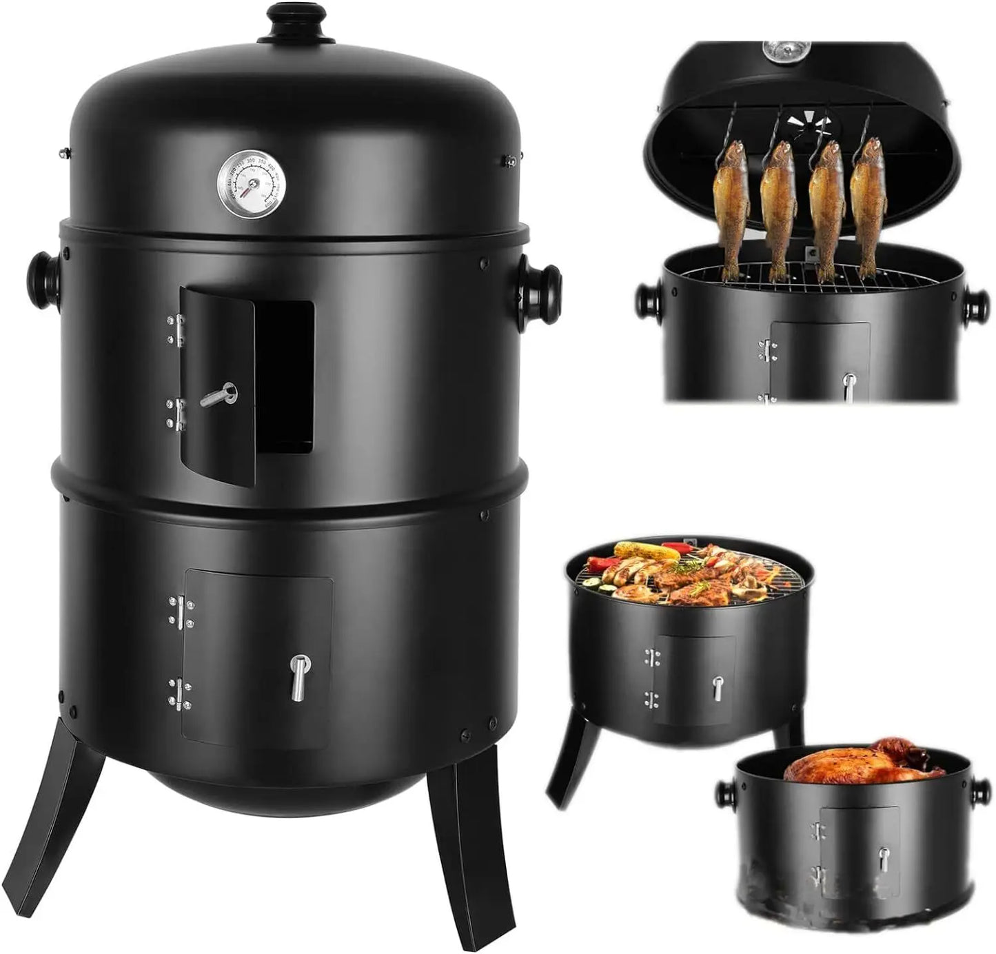 Bbq Roker - Houtskool - Grill - Stomen - Barbecue - 2 Niveaus - Inclusief Thermometer - Buiten - 3 in 1 - Zwart - QUORE