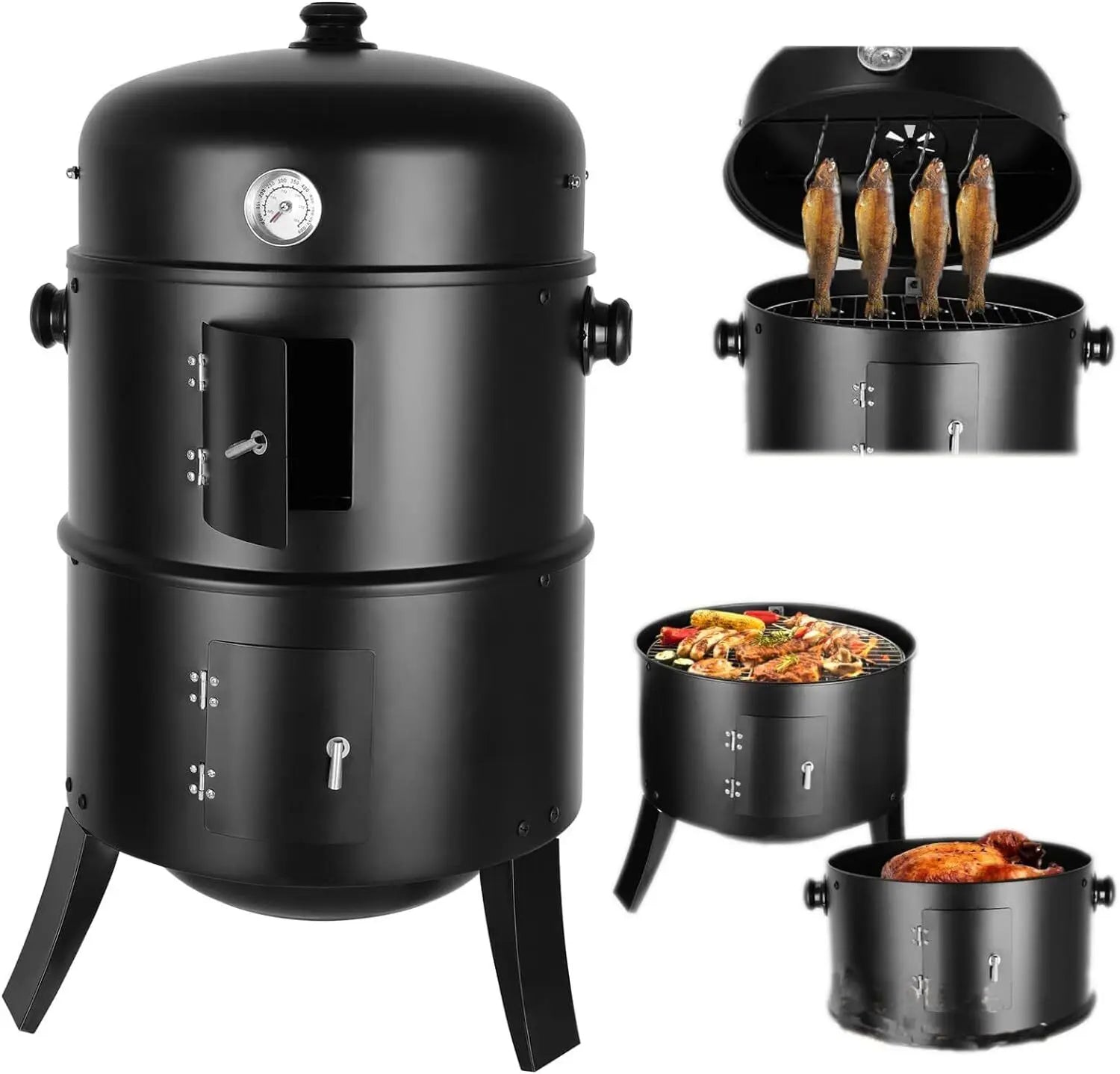3 in 1 Barbecue - Houtskool Grill - BBQ - Smoker - Met Thermometer - Roken, grillen en Koken - Diameter 41 CM - Zwart - - QUORE