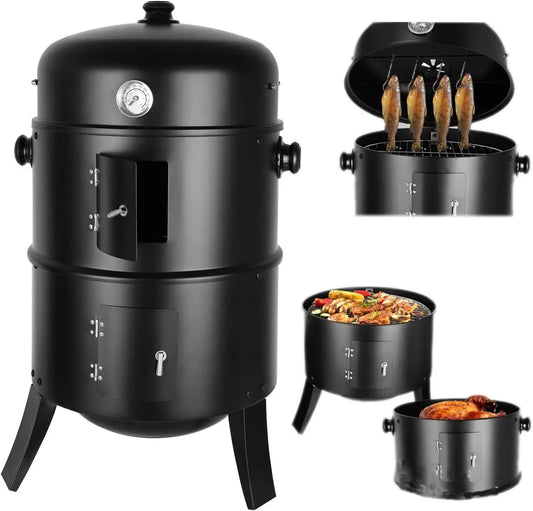 3 in 1 Barbecue - Houtskool Grill - BBQ - Smoker - Met Thermometer - Roken, grillen en Koken - Diameter 41 CM - Zwart - - QUORE