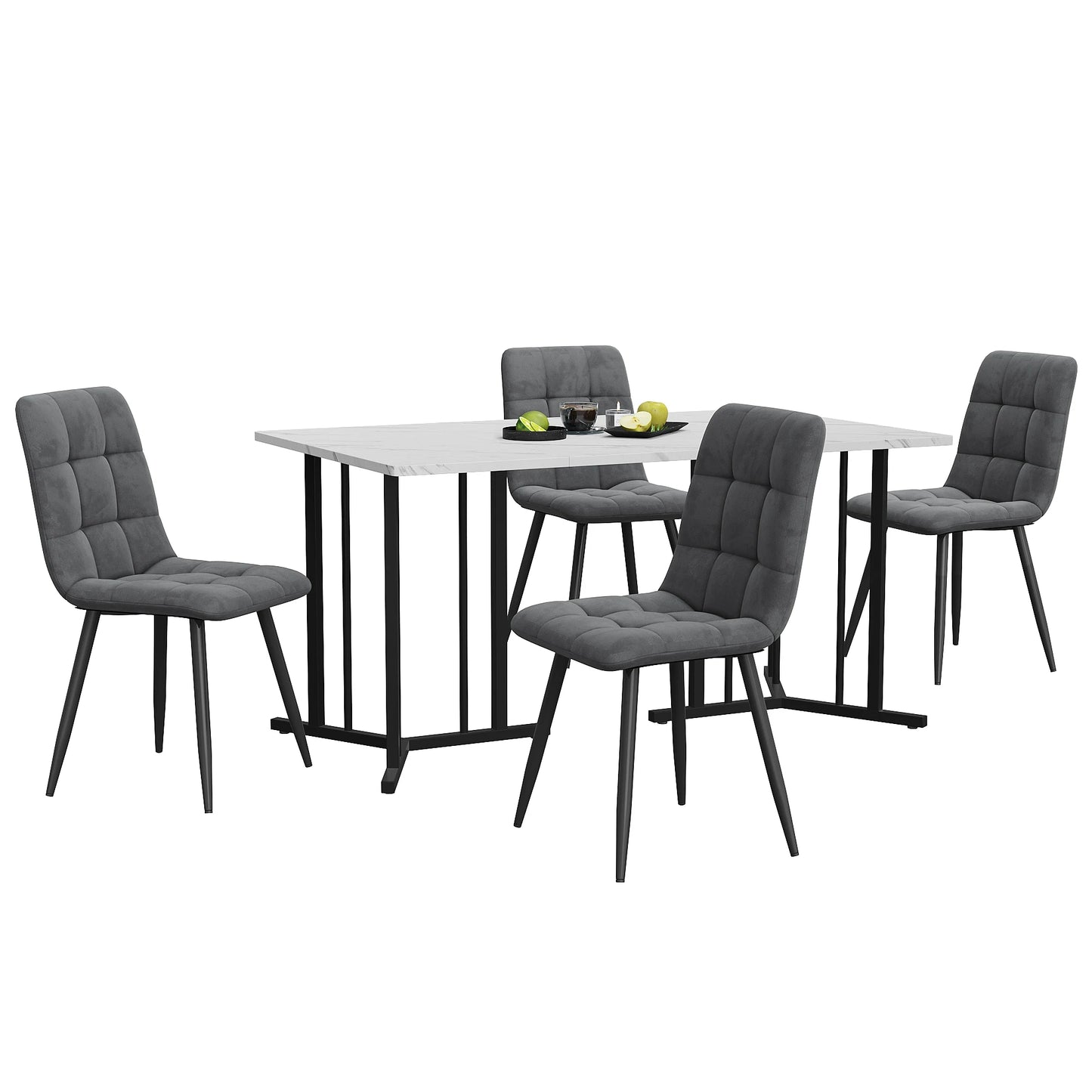 Eettafelset – Eettafel Met Stoelen – Dinerset – Fluwelen Stoelen – 140x80 Cm Tafel – Verstelbare Pootjes – Metalen Frame - Grijs & Zwart