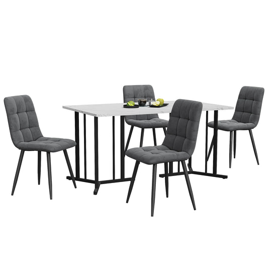 Eettafelset – Eettafel Met Stoelen – Dinerset – Fluwelen Stoelen – 140x80 Cm Tafel – Verstelbare Pootjes – Metalen Frame - Grijs & Zwart
