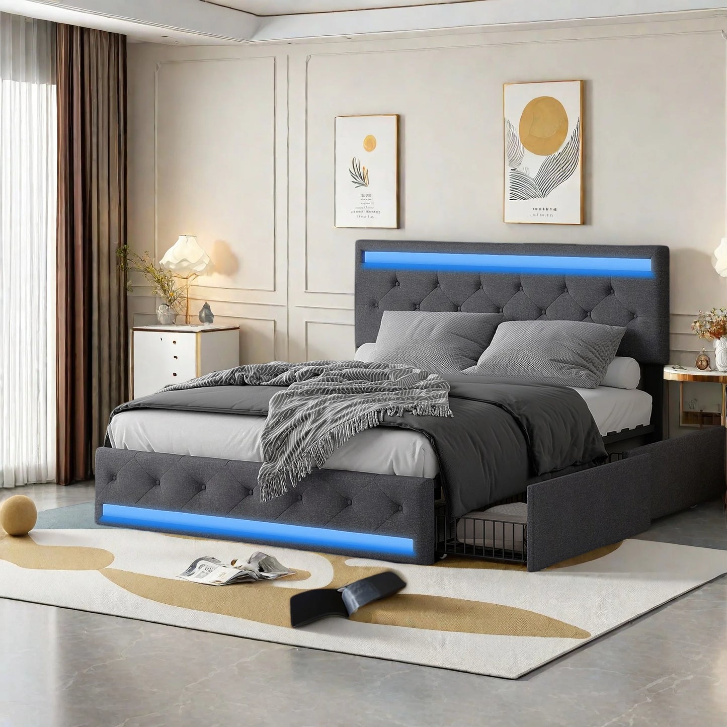 Opbergbed – Gestoffeerd Bed – Tweepersoonsbed – Lades Bed – Slaapbank – 140x190 cm – Linnen Hoofdbord met LED-verlichting
