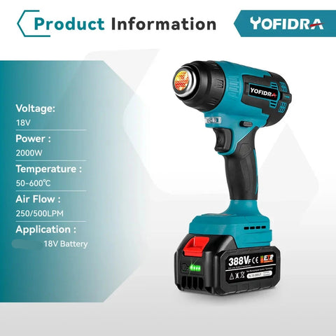 Yofrida Heteluchtpistool - Verf afbrander - 2000W - temperatuurstanden – Stationair - functie - Ophangbeugel - Inclusief - 2 batterijen - Koffer - Hot air gun - QUORE