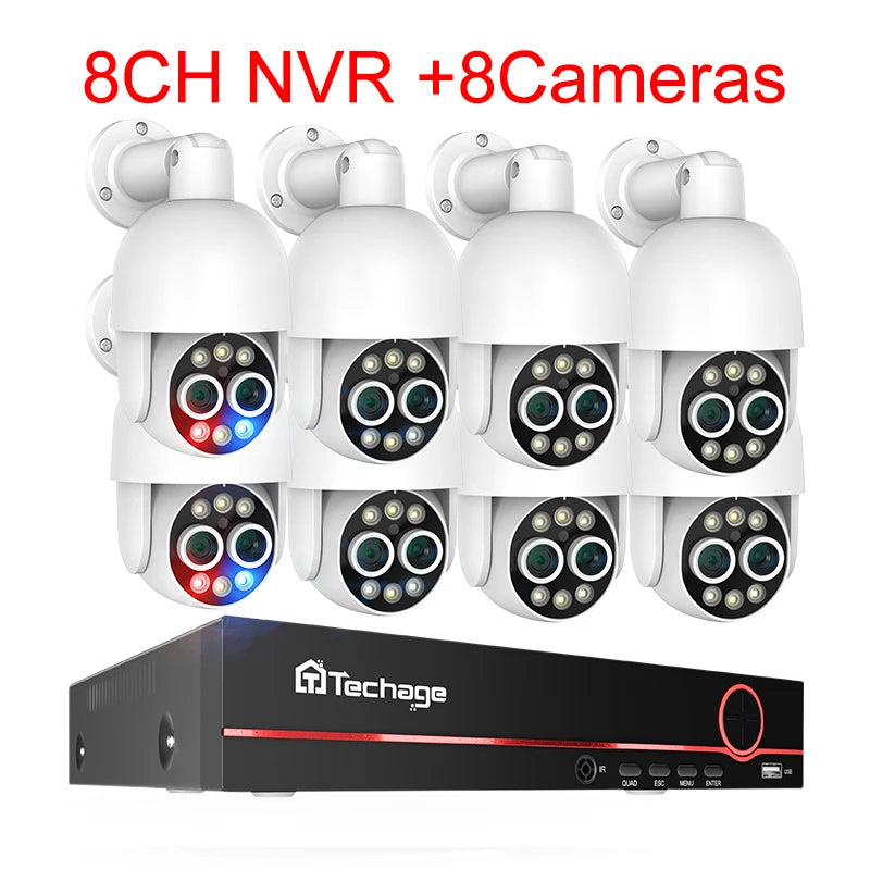 Techage 8CH Dual Lens 4MP+4MP PTZ POE Camera System 8X Mix Zoom Human Detection H.265 AI CCTV Video Security Kit Colorful Night - QUORE