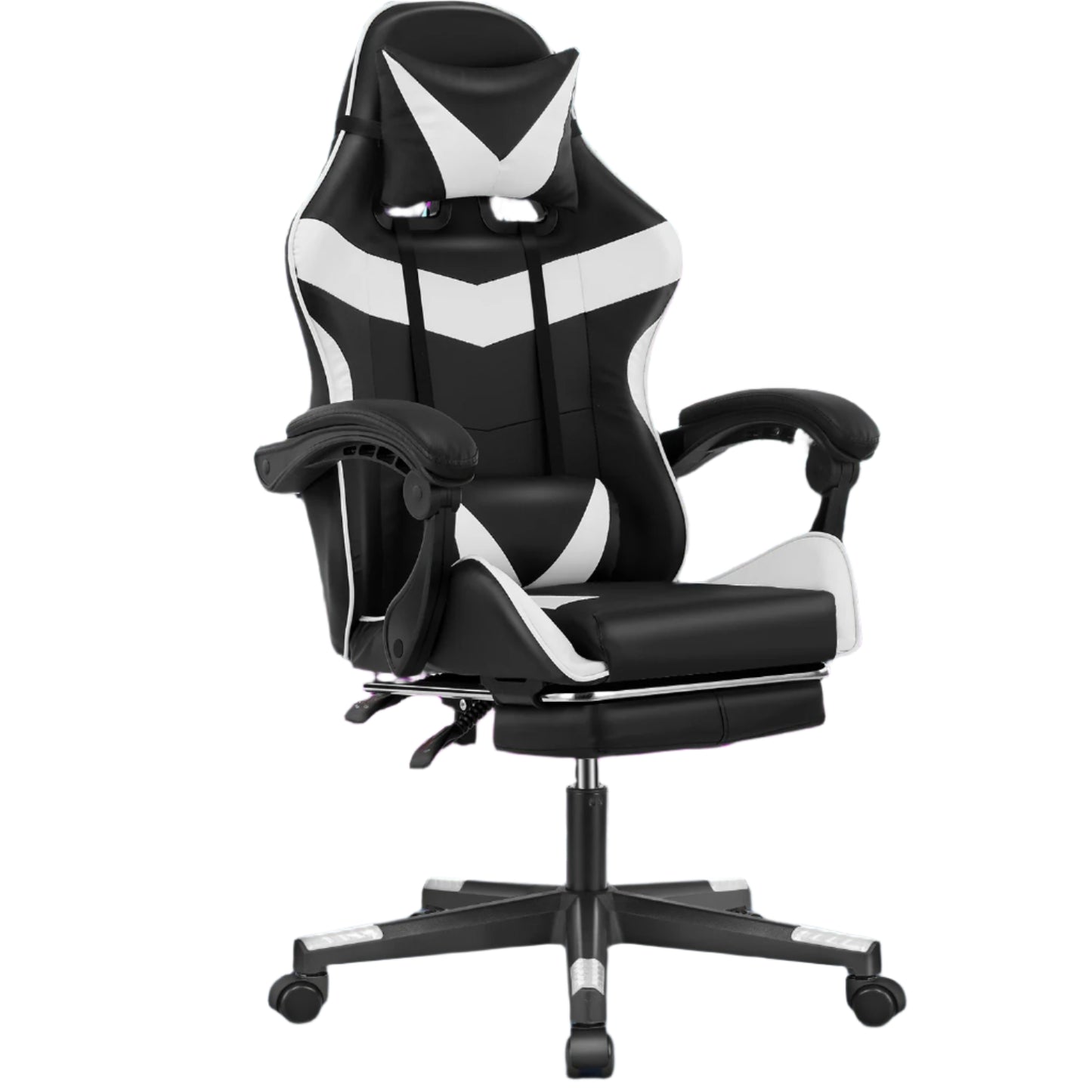 Gaming Stoel - Massage Gaming Stoel - Bureaustoel - Swivel Stoel - met Voetsteun - Hoofdsteun - Verstelbare - Rugleuning - 6-puntsmassage - Ergonomische - Draaibare - 59 x 68 - 115-125 - Zwart & Wit