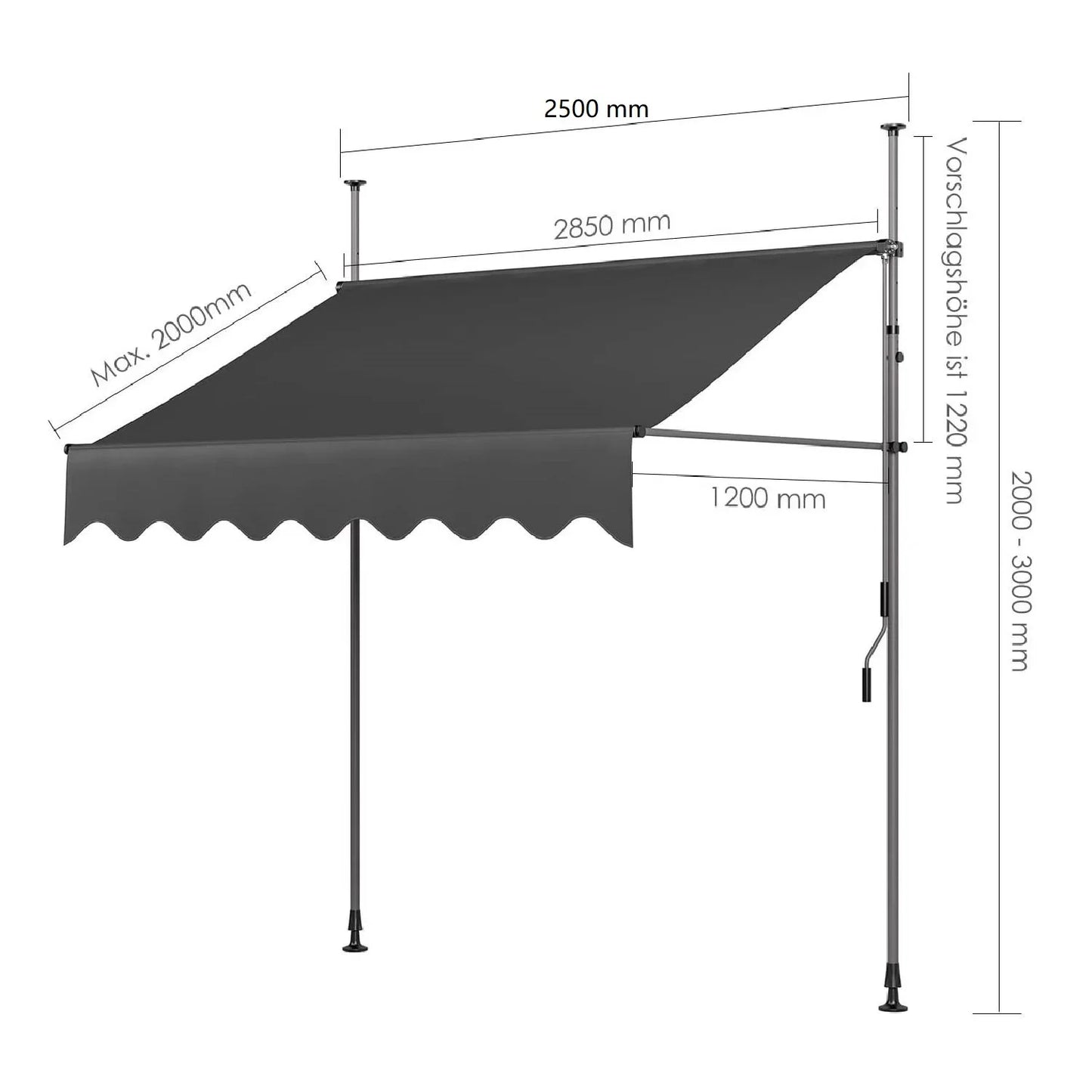 Balkon Zonnescherm - Luifel - Balkon Parasol - Zonneluifel - Uittrekbaar - 250x120 cm - Zonwering Zonder Boren met UV50+ Bescherming en Handslinger - Grijs