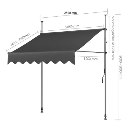 Balkon Zonnescherm - Luifel - Balkon Parasol - Zonneluifel - Uittrekbaar - 250x120 cm - Zonwering Zonder Boren met UV50+ Bescherming en Handslinger - Grijs