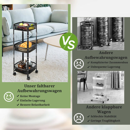 Opvouwbare 3-laagse Keuken- en Badkamer Trolley – Multifunctionele Opslagkar met Gaasmanden – Rijdende Organizer voor Keuken, Woonkamer, Slaapkamer, Babykamer – Zwart