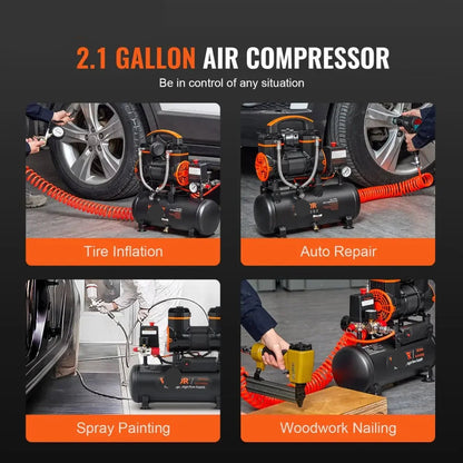 Stille Olievrije Luchtcompressor - Luchtcompressor - Luchtcompressor Bandenpomp - 70dB Geluidsarm - 2,1 Gallon - Draagbare - voor Banden - Spuitwerk - Gereedschap