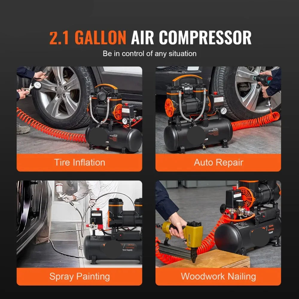 Stille Olievrije Luchtcompressor - Luchtcompressor - Luchtcompressor Bandenpomp - 70dB Geluidsarm - 4,8 Gallon - Draagbare - voor Banden - Spuitwerk - Gereedschap