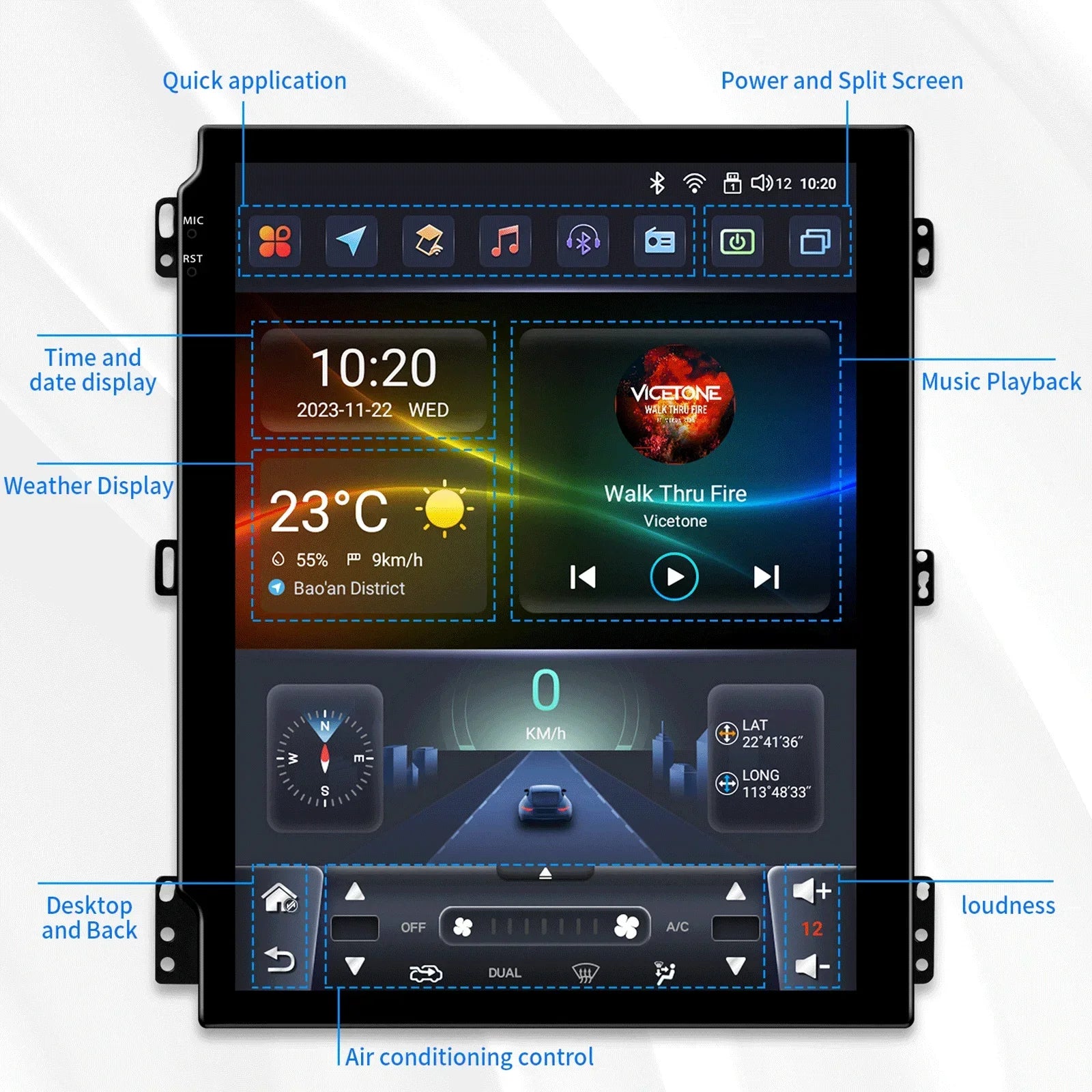 Autoradio – Multimedia Speler – GPS Navigatie – Carplay Systeem – Android 14 Radio – 9,7 Inch QLED Touchscreen – Ingebouwde 4G & DSP Geluidstechnologie - QUORE