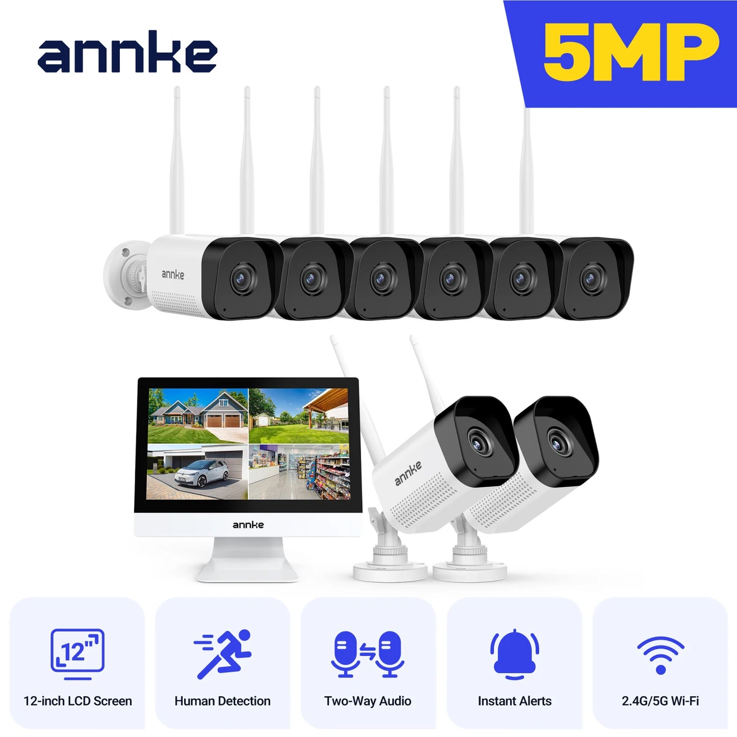 ANNKE 5MP  Wireless Security Cameras Kit Outdoor Waterproof 10CH NVR 12 inch Monitor with IP Camera Surveillance CCTV System Set
