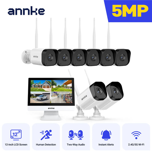 ANNKE 5MP  Wireless Security Cameras Kit Outdoor Waterproof 10CH NVR 12 inch Monitor with IP Camera Surveillance CCTV System Set