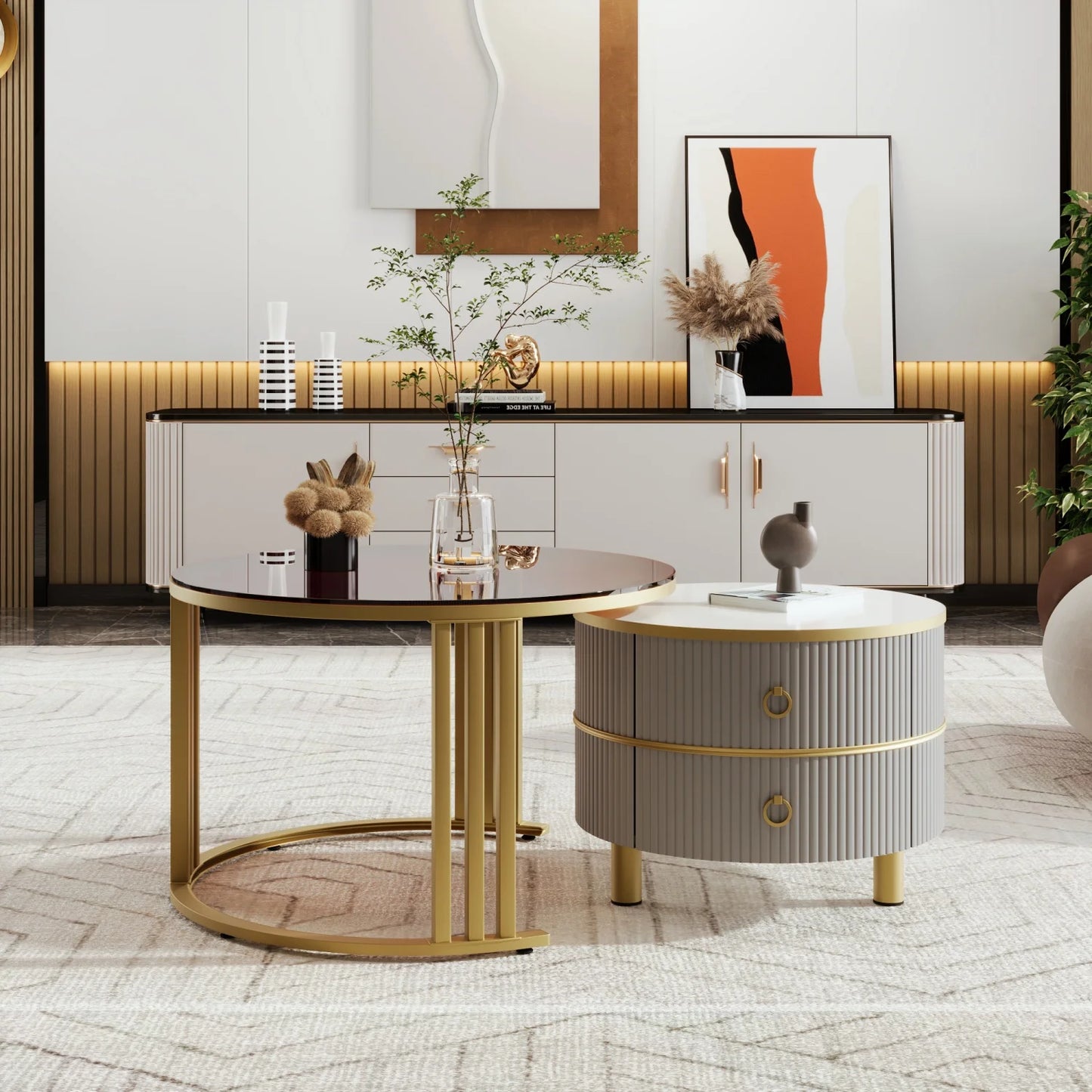 Salontafel – Bijzettafel – Woonkamertafel – Koffietafel – 2-in-1 Rond Model – Hoogglans Wit en Bruin Glas – 2 Lade Opbergruimtes – MDF & Gehard Glas - QUORE