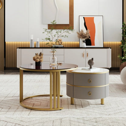 Salontafel – Bijzettafel – Woonkamertafel – Koffietafel – 2-in-1 Rond Model – Hoogglans Wit en Bruin Glas – 2 Lade Opbergruimtes – MDF & Gehard Glas - QUORE