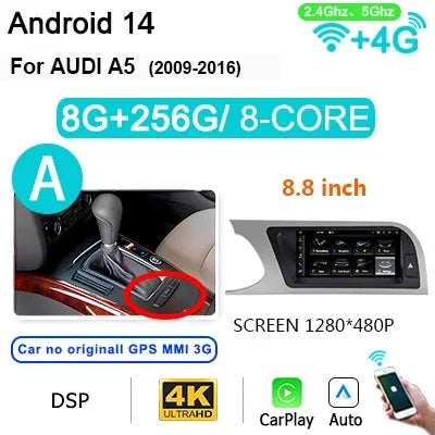 8,8" Autoradio – Multimedia Speler – 2DIN Systeem – Auto Stereo – Touchscreen Display – Draadloze CarPlay & Android 14 – GPS Navigatie & 4G LTE Ondersteuning