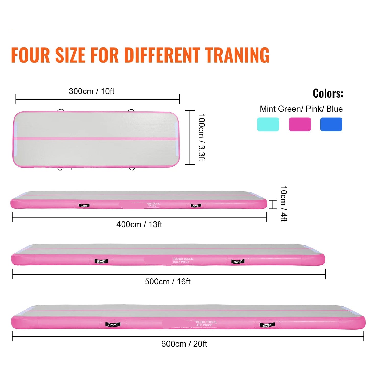 Gymnastiekmat - Opblaasbare - Turnmat - Dikke Tumbling Mat - met Elektrische Pomp - Voor Thuis - Gym & Training - Hoogwaardig PVC-materiaal - Ergonomische Handgreep - en Schouderband - 10ftx3.3ftx4inch - Roze