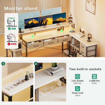 L-Vormig Bureau – Computerbureau – Gamersbureau – Werktafel – Hoekbureau – Slimme Led-Verlichting – Ruim Opbergmeubel – Wit – Groot Werkoppervlak – Ergonomische Monitorstandaard - QUORE