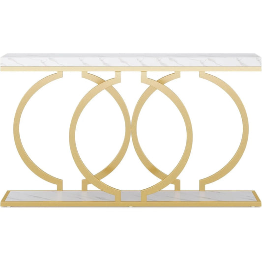 Console Tafel – Sidetable – Haltafel – Wandtafel – Marmeren Blad – Metalen Frame – 153 x 37.5 x 19.5 cm - Wit and Goud