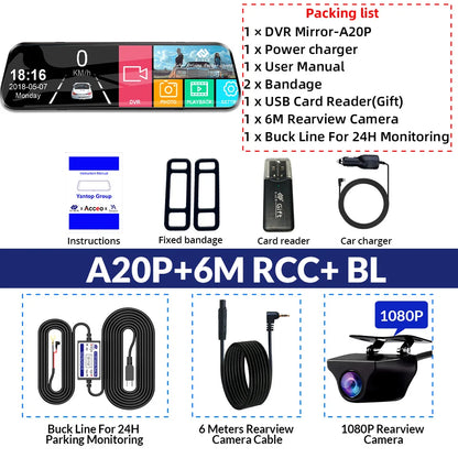 Dashcam voor Auto - 10 Inch Touchscreen Spiegelcamera - 1080P AHD Dashcam - Nachtzicht - Groothoek 170° - Parkeermodus - Inclusief 6M RCC BL - Zwart