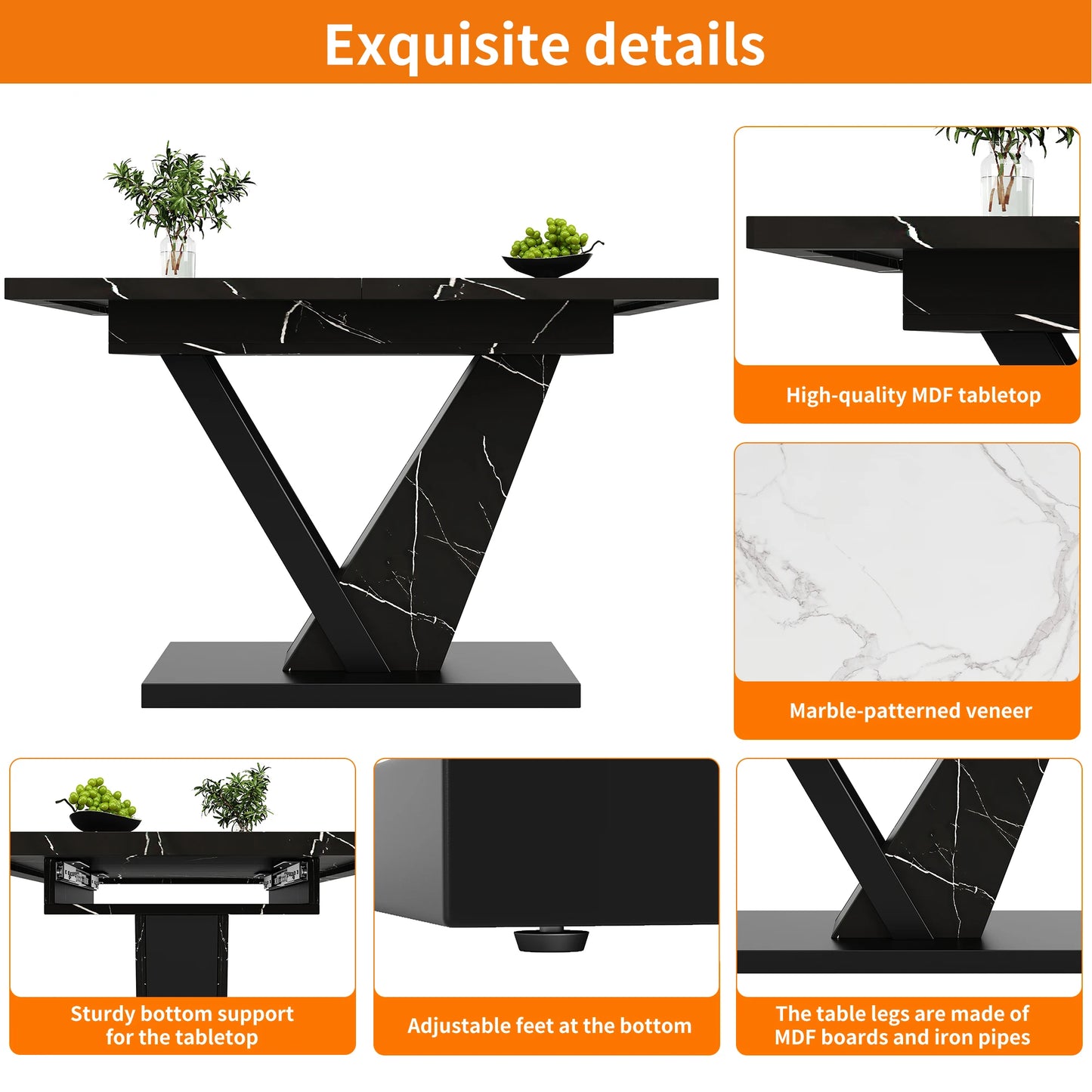Uitschuifbare Eettafel – Uitklapbare Tafel – Keukentafel – Tafel Met Verlengstuk – Marmer Design – 120-160 cm – Zwart Marmer MDF – Verstelbare Metalen Poten