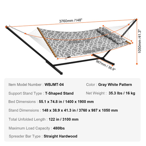 Hangmat - Hangmat voor Twee Personen - Hanging Chair - Hamac - Hammock Chair -  Vrijstaande hangmat - Dubbel gewatteerde stof - 12FT - Stalen standaard - Draagvermogen van 480 lbs - Dubbele hangmat - voor buitenpatio, tuin, strand