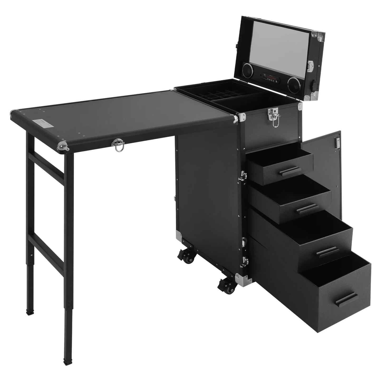 Manicure Tafel – Nageltafel – Nagelsalon Tafel – Draagbare Nageltafel – Opvouwbare Manicuretafel Zwart – Aluminium & ABS Materiaal – 4 Lades Met Remmende Wielen - QUORE