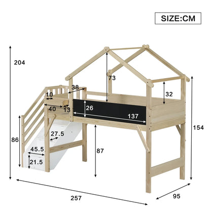 Kinderbed – Bed – Eenpersoonsbed – Kinderbedframe – Bed Met Opbergruimte – Uniek Dakontwerp – Trap Met 3 Opbergkasten – Voor Matras 90x200 CM