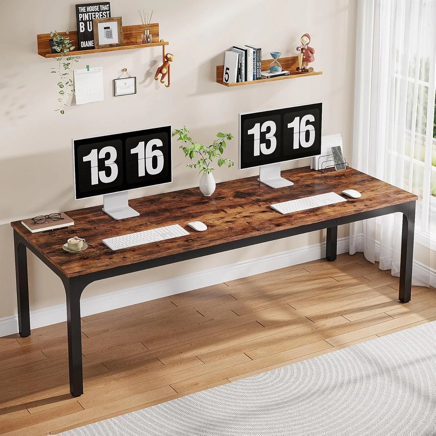 Bureau – Computerbureau – Werktafel – Bureautafel – Thuiswerkplek – Extra Lang 200 cm – Stevig Houtlook Metalen Pooten Rustiek Bruin