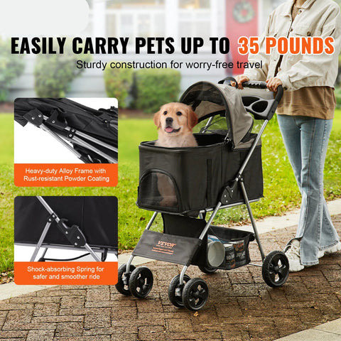 Stroller - Dog stroller - Dog buggy - Dog cart - 35lbs 4 wheels - with brakes Storage basket Cup holder - for cats and dogs Travel accessories