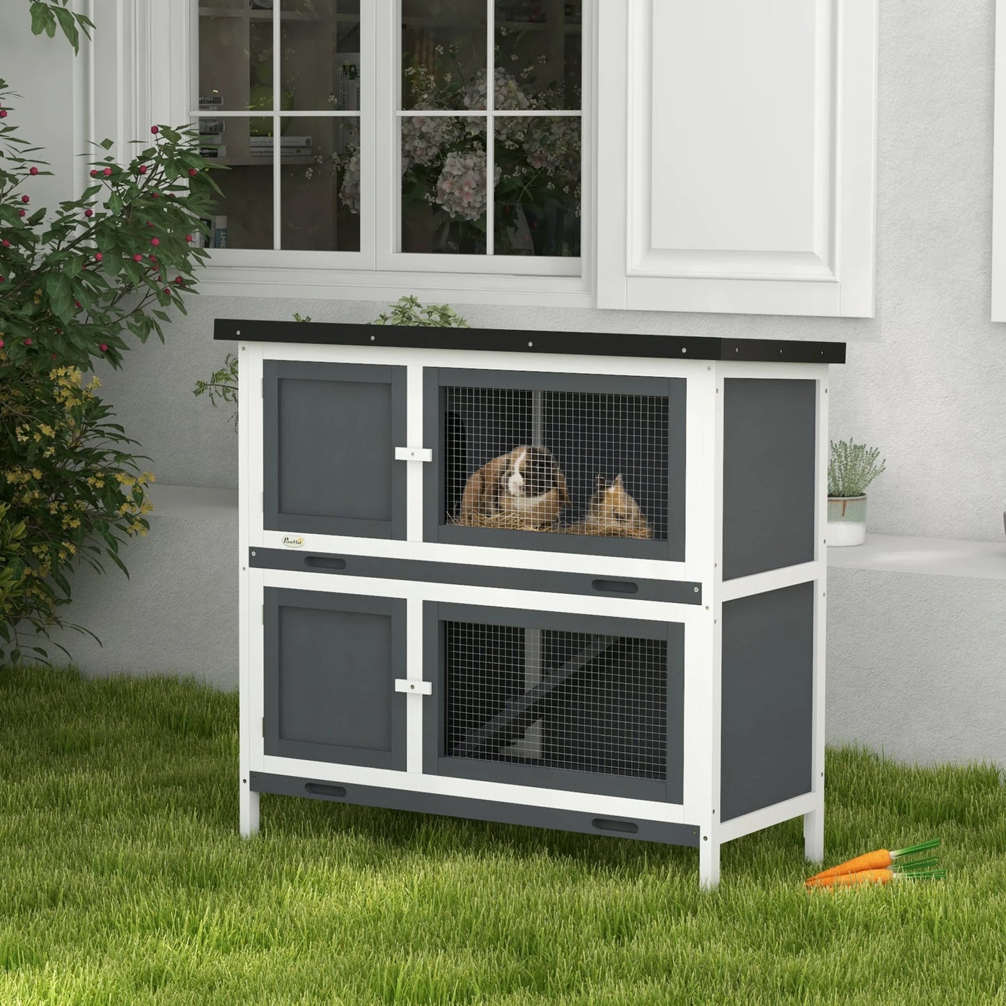 Dierenren – Konijnenhok – Caviakooi – Huisdierenverblijf – 2-Laags – Weerbestendig Dak – Eenvoudig Schoon Te Maken - 97 x 44 x 91 cm - Grijs