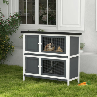 Dierenren – Konijnenhok – Caviakooi – Huisdierenverblijf – 2-Laags – Weerbestendig Dak – Eenvoudig Schoon Te Maken - 97 x 44 x 91 cm - Grijs