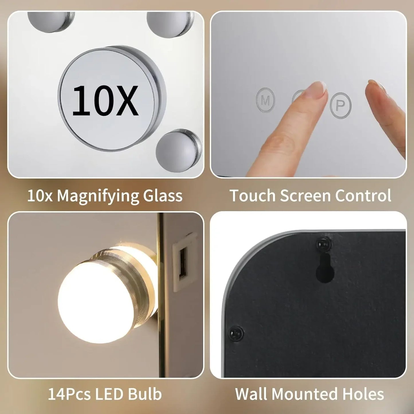 Hollywood Vanity Mirror with Lights 15 Dimmable LED Bulbs 3 Color Lighting Adjustable Brightness USB Charging Port (58*46cm) - QUORE