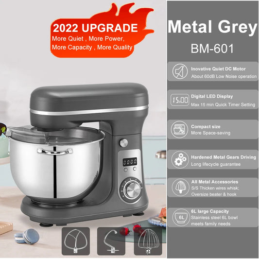 Keukenmixer – Keukenmachine - Keukenrobot - Foodprocessor - 6L - 2000W - Krachtige & Stille Motor – 6 Snelheden – Met Roestvrijstalen Kom – Metal Gray