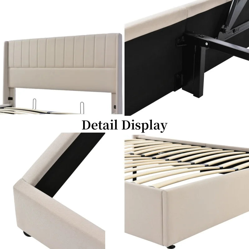 Bed Met Opbergruimte – Bedframe – Slaapbed – Opbergbed – Beige – Massief Hout – 140x200 Cm Matras
