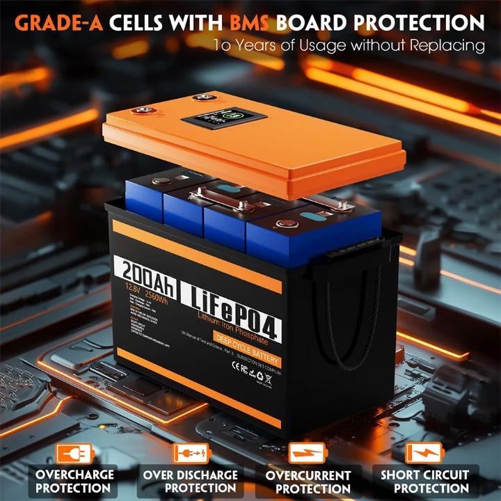 12V Lithium Accu – LiFePO4 Accu – Boot Accu – Kampeer Accu – Backup Accu – 200Ah Capaciteit – IP67 Waterdicht