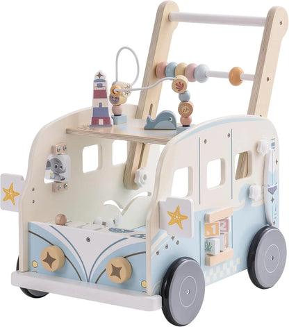 Loopstoel - Loopstoeltje - Loopwagen - Multifunctionele - Houten Wandelaar in Busstijl - voor 1-6 jaar oud - 44 x 33 x 18 cm - Hout & Blauw