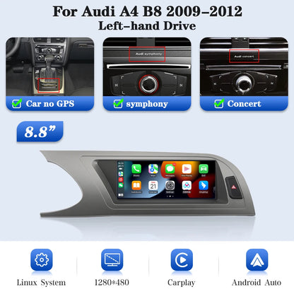 8.8" Touchscreen Autoradio – Multimedia Systeem – Navigatie Interface – Draadloze CarPlay – Android Auto – Linux Besturingssysteem – 4x45W Vermogen – Spiegelkoppeling Stuurbediening – Audi A4 2009-2012 Zonder GPS