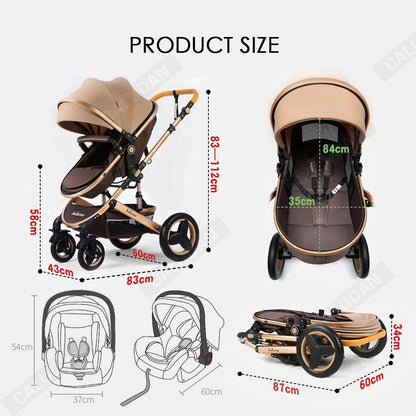 Kinderwagen - Buggy - Baby Kinderwagen 3 in 1 - Opvouwbare - Wandelwagen - Hoog Landschap Babywagen - voor Pasgeborenen - Zwart met Goud