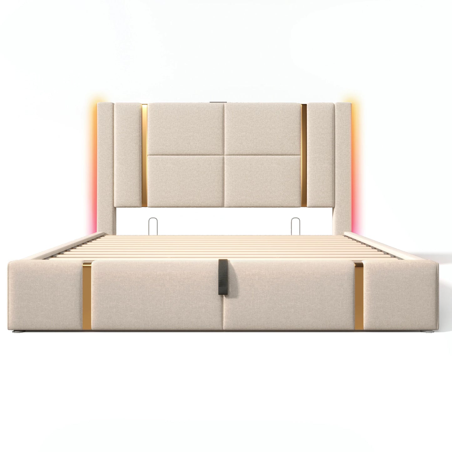 KOMHTOM Double bed USB Type C charging function APP control LED storage bed rack linen material without mattress - QUORE