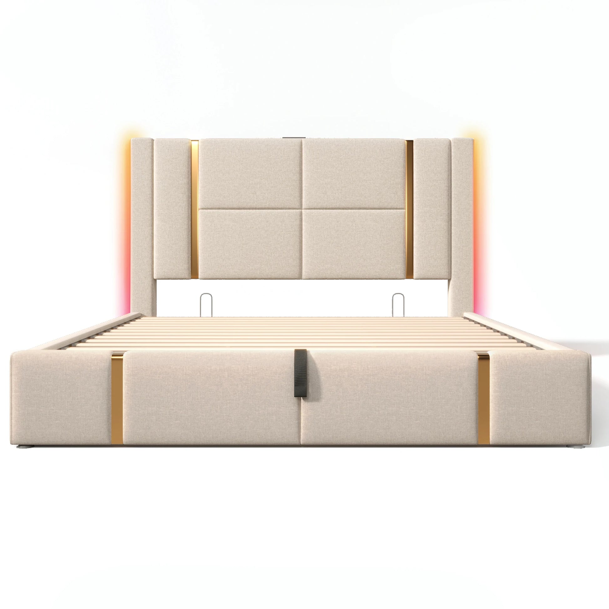 KOMHTOM Double bed USB Type C charging function APP control LED storage bed rack linen material without mattress - QUORE
