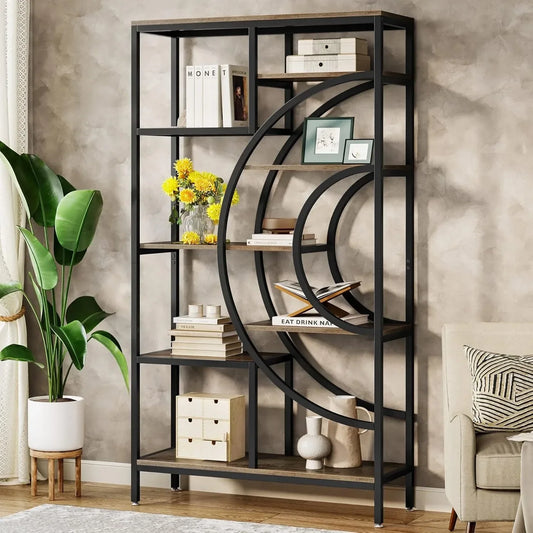 Boekenkast - Kasten - Wandkast - Boekenrek - Industriële Geometrische Kast - 71 Inch Hoog – 8-Tier Open Planken – Stevig Metalen Frame – Zwart Grijs