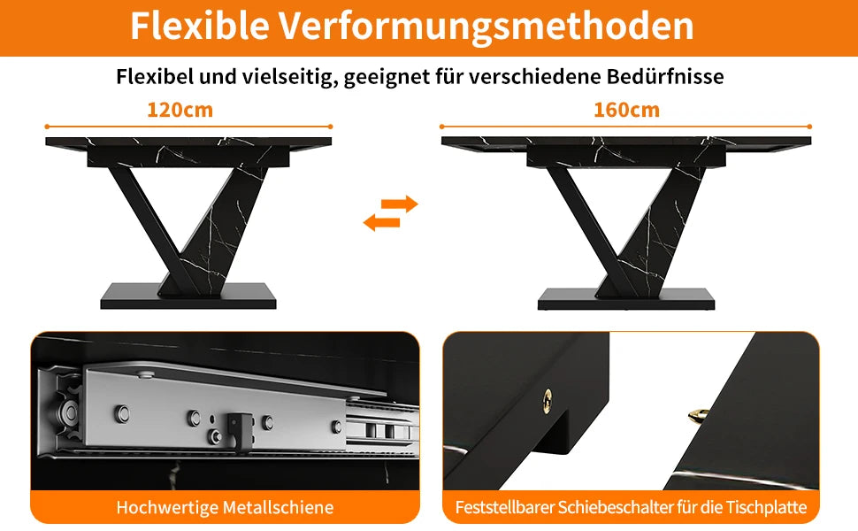 Uitschuifbare Eettafel – Uitklapbare Tafel – Keukentafel – Tafel Met Verlengstuk – Marmer Design – 120-160 cm – Zwart Marmer MDF – Verstelbare Metalen Poten