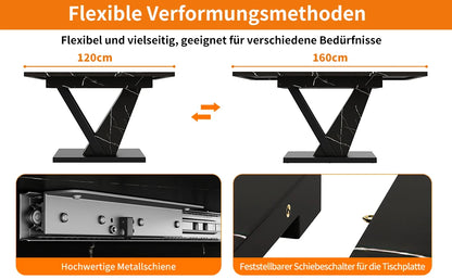 Uitschuifbare Eettafel – Uitklapbare Tafel – Keukentafel – Tafel Met Verlengstuk – Marmer Design – 120-160 cm – Zwart Marmer MDF – Verstelbare Metalen Poten